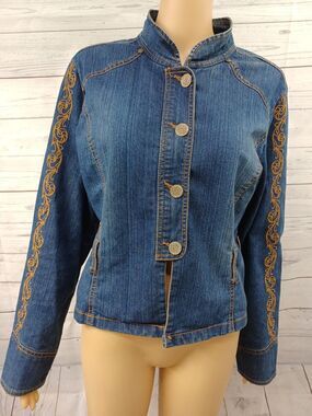 DENIM d GREE Blue Jean Jacket Embroidery Zip Up Stretch Sz 10
